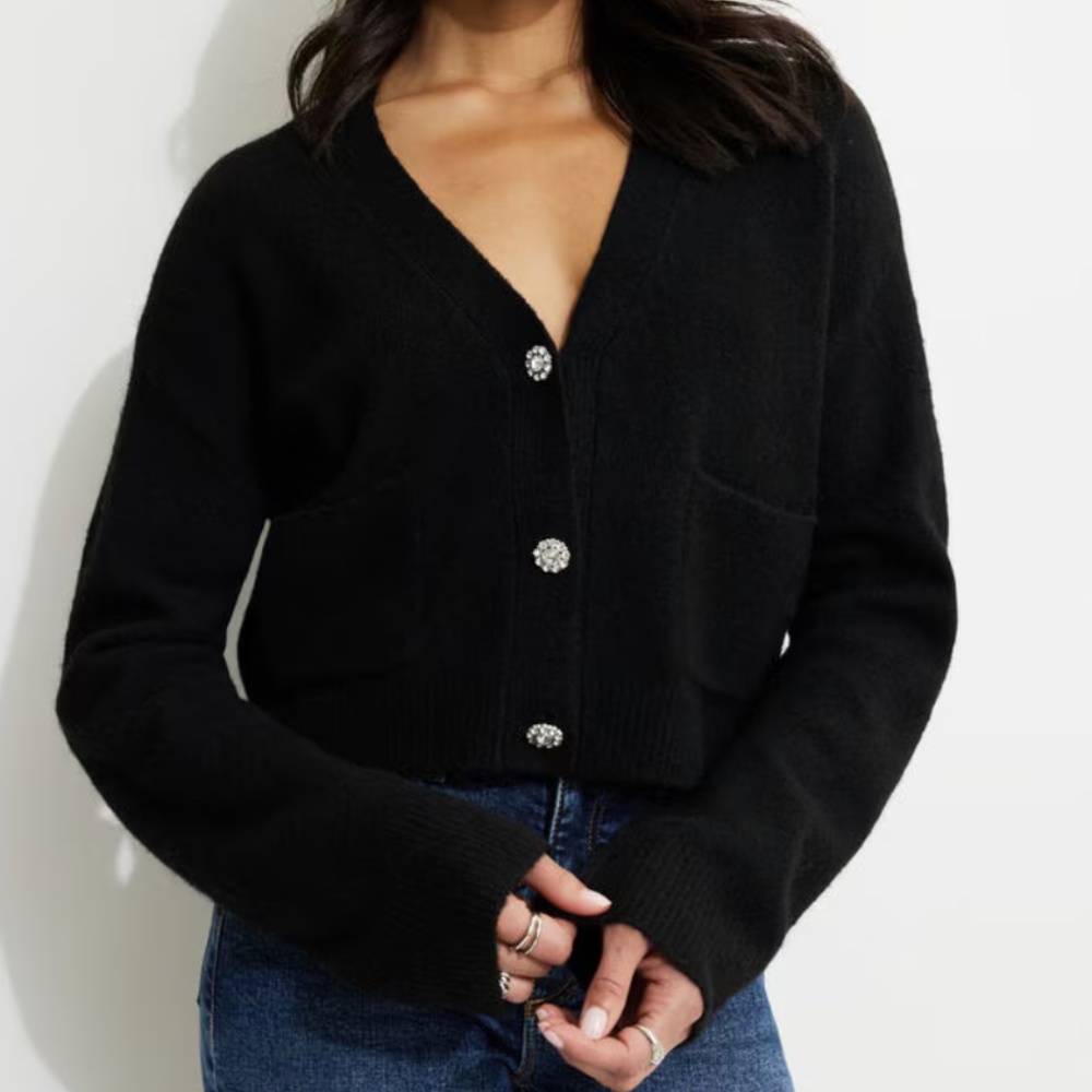 Dynamite Black Cropped V-Neck Cardigan with Rhinestone Buttons